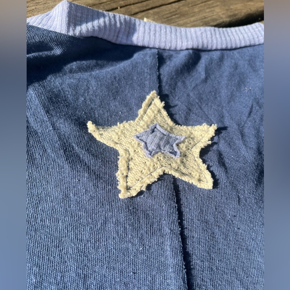 POL Sweater Womens Med Blue & Cream Patchwork Stars Boutique Long Sleeve Top - Picture 3 of 11
